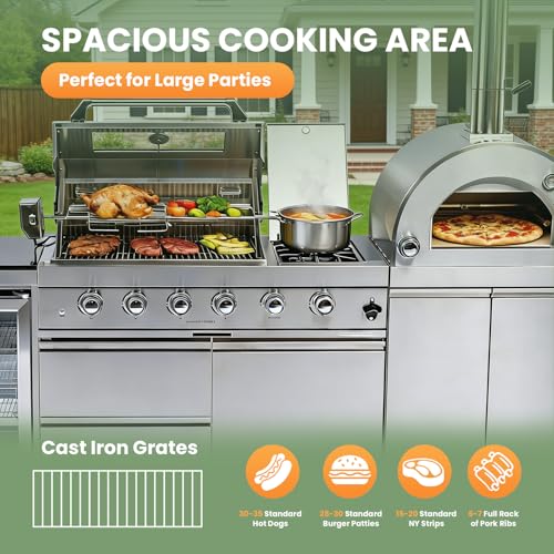 112-Inch Stainless Steel Outdoor Kitchen Island, Natural Gas BBQ Grill with Standalone Side Burner Pizza Oven, Rotisserie, Refrigerator, Granite Countertop, Storage Cabinets & Drawers 108000 BTU
