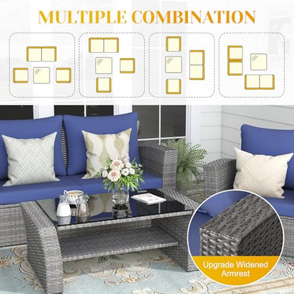 FansaFurn 4-Piece Outdoor Patio Furniture Set, All Weather Wicker Rattan Sectional Sofa Conversation Seating Set with Cushions & Large Glass Coffee Table, Ideal for Garden Backyard Porch, Blue