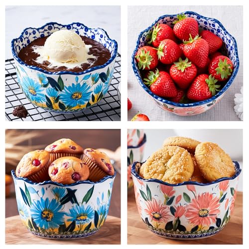 KXZ Ceramic Ramekins Set of 4 – 13.5 oz Oven Safe Small Bowls for Baking and Serving, Porcelain Souffle Cups Dessert Bowls for Creme Brulee, Custard, Dips & Snacks – Hand-Painted Floral Ramekin Set