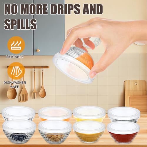 FUYITE 6 Pack Mini 3 Inch Small Glass Bowls with 6 Pack Lids, 2.5 oz Clear Glass Pinch Bowls, Condiment Containers, for Dips, Nuts, Candy, Snacks, Meal Prep Bowls