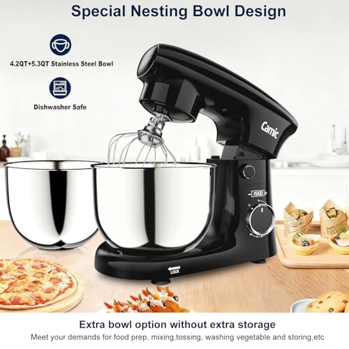 Camic Stand Mixer, 4.2QT+5.3QT Two bowls Electric Mixer,Black
