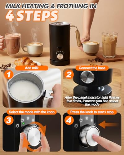 5-in-1 Electric Milk Frother and Steamer, Automatic Milk Foamer Hot Chocolate Maker with Wood Grain Handle, 11.8oz Milk Warmer and Heater for Latte, Cappuccino, Hot Cocoa Maker, Frother for Coffee