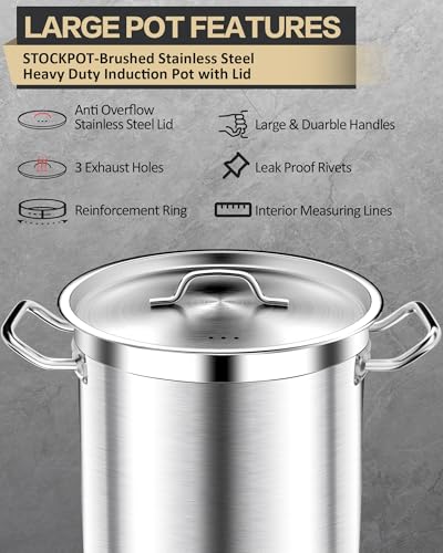 STOCKPOT 20 Quart Soup Pot with Lid – Stainless Steel Stock Pot, Heavy Duty Cooking Pot for Soup, Pasta, Stew – Induction & Oven Safe, Commercial & Home Use