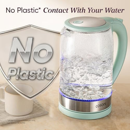 Cosori Electric Kettle, No Plastic Contact With Water, Wide Mouth For Easy Cleaning, Auto Shut Off, 1.7L Tea Kettle & Hot Water Boiler, Water Heater & Teapot, Borosilicate Glass, Green, 1500W