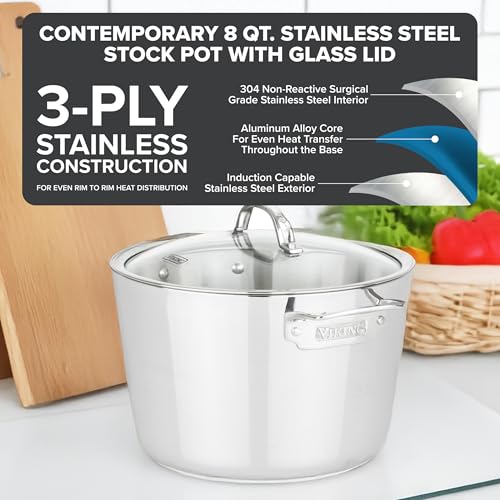 Viking Contemporary 3-Ply Stainless Steel Stock Pot, 8 Quart Soup Cooking Pot with Lid, Kitchen Cookware