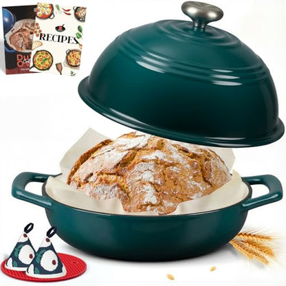 Overmont Enameled Cast Iron Bread Oven - 6QT Bread Dutch Oven for Sourdough Baking - Bread Pot with Dome Lid Cotton Potholders & Cookbook - Multi-Functional Bread Pan For Baking Frying Roasting
