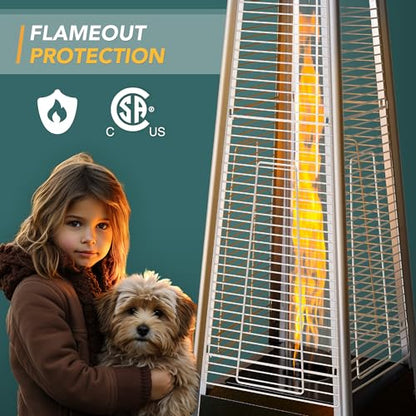 Pamapic Patio Heater, 48,000 BTU Pyramid Flame Outdoor Heater with Cover, Quartz Glass Tube, 87" Hammered Bronze Tower Propane Outdoor Heater with Wheels