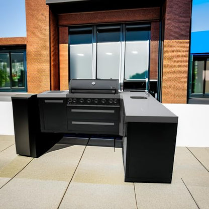 Mont Alpi MAi805-BSS90BEV Burner 115000 BTU L-Shaped 90 Degree Corner Black Stainless Steel Gas Modular Outdoor Kitchen Island BBQ Grill with Beverage Center Refrigerator + 2 Infrared Burners +Storage