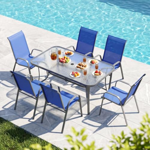 MAMIZO 7 Pieces Patio Dining Set for 6, Glass Table and Textilene Chairs