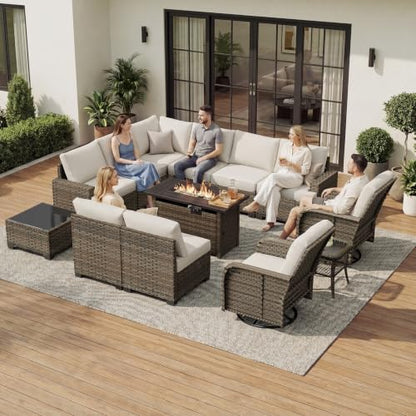 Aoxun Luxury 13 Piece Patio Furniture Set with Fire Pit Table, Beige