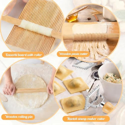 Professional 13 PCS Pasta Making Tools Set,Including Stainless Steel Adjustable Rolling Pin, Pasta Drying Rack, Ravioli Mold Cutter, Pasta Maker Kit for Homemade Fettuccine, Lasagna, Gnocchi, Dumpling