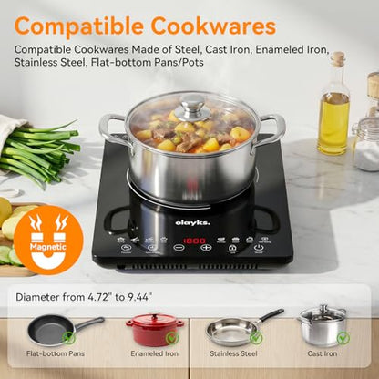olayks Protable Induction Cooktop, 1800w Hot Plate Electric Stove with Child Safety Lock, Timer, 8 Power Levels, Single Burner Electric Cooktop with Large Heating Coil, Fast Heating