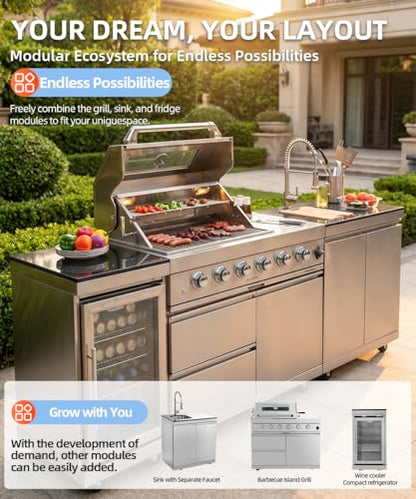 Outdoor Kitchen Island Barbecue Grill with Refrigerator & Rotisserie, Heavy-Duty Stainless Steel Freestanding Grills Station, Weather-Resistant Cooking Cabinet for Backyard & Summer Propane Gas