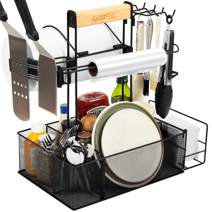 Geesta Grill Caddy for Outdoor Grill, BBQ Picnic Camping Caddy with Paper Towel Holder & Magnetic Tool Holder, Condiment Storage Utensil Kitchen Organizer for RV Camper, Tailgate Accessories
