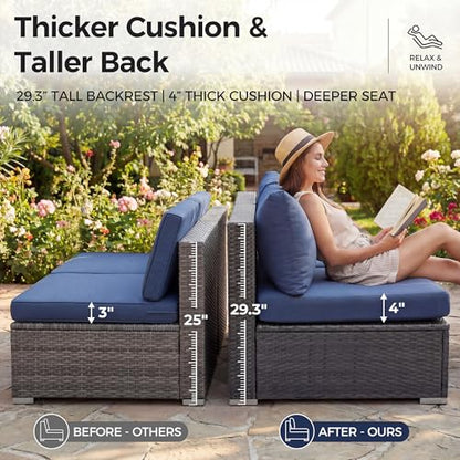 NICESOUL 13 Piece Outdoor Sectional w/Fire Pit Table, Luxury Modular Patio Furniture Set w/Chaise Lounge, Plus 29.3'' High-Back Seating Sofa, All-Weather Deck Couch for Poolside, Yard, Grey & Blue
