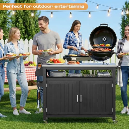 FUQARHY 43.3-Inch Outdoor Kitchen Island with Storage Cabinet and Stainless Steel Top, Solid Wood Prep Station Grill Table with Lockable Wheels for Patio, Backyard, Party (Black)
