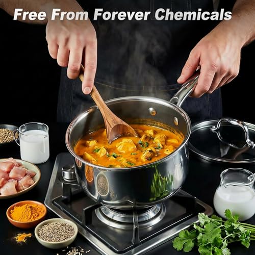 KC-Emier 1-Quart Nonstick Saucepan with Lid, Tri-Ply Stainless Steel Pot with Stay-Cool Handle & All Cooktop Compatibility (Gas, Ceramic, Electric) - Non-Stick
