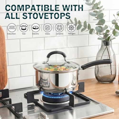 Cook N Home Professional Stainless Steel Saucepan with Lid, Multipurpose Sauce Pan Kitchen Small Pot, Stay-Cool Silicone Handle, Dishwasher Safe, Compatible with Most Cooktops, 1-Quart