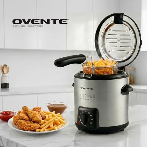 OVENTE Electric Deep Fryer 0.9L Capacity with Locking Lid, Adjustable Temperature Knob, Removable Frying Basket and Cool Touch Handle, 840W Power, Easy to Clean Stainless Steel Body, Silver FDM1091BR