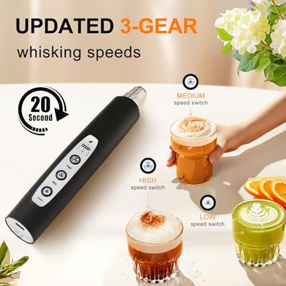 YUSWKO Black Handheld Milk Frother Wand for Coffee, Rechargeable Electric Whisk with 3 Heads 3 Speeds Drink Mixer Coffee Frother For Latte, Cappuccino, Hot Chocolate, Egg