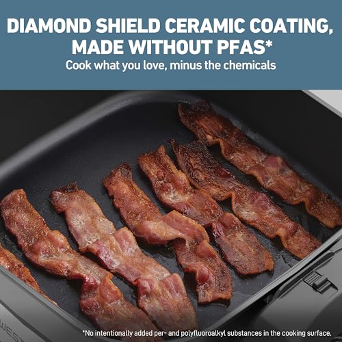 West Bend 11”x11” Electric Skillet with Diamond Shield Ceramic Nonstick, Removable Foldable Base, Tempered Glass Lid with Vent, Adjustable Thermostat, Cool Touch Handles, 4.2-Qt, Black/Stainless Steel