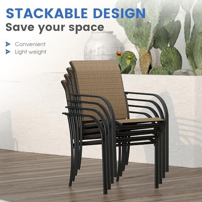 VICLLAX Large Patio Dining Furniture Set, Outdoor Dining Set for 10-60" Round Outdoor Table and Patio Stackable Chairs, Walnut Wood-Like Tabletop and Brown Fabric