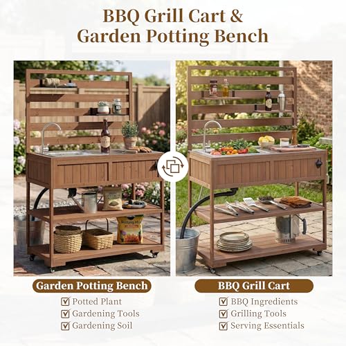 LUMISOL Outdoor Rolling Kitchen Cart with Sink and 2 Movable Shelves, Potting Bench Table with Stainless Table Top, 41.7'' Large Solid Wood Garden Workstation with 1 Bottle Opener, Brown