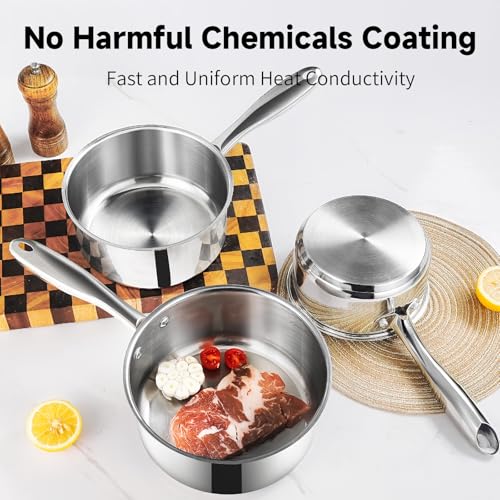 SLOTTET 1Qt & 2Qt & 3QT Stainless Steel Sauce Pan Set with Lid,6 Pcs Non Stick Saucepan,Small Kitchen Pots,Induction Compatible,PFOA FREE