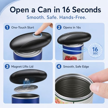 Rechargeable Electric Can Opener for Seniors & Arthritis, Automatic One-Touch Operation, Smooth Edge Cutting with Auto Stop & Magnetic Lid Lifter, Hands-Free, USB-C, Compact, Black
