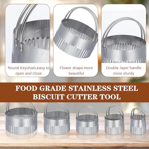 3PCS Aluminum Alloy Cookie Press Embossing Stamps with 5-Piece Round Stainless Steel Fluted Mousse Rings Set, Wood Handle Metal Mold Cutter Tools for DIY Baking Cookies Cakes Pastries Decorating