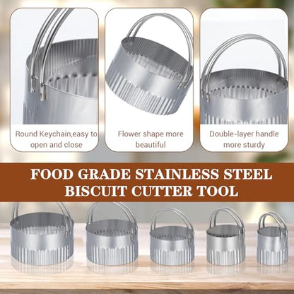 3PCS Aluminum Alloy Cookie Press Embossing Stamps with 5-Piece Round Stainless Steel Fluted Mousse Rings Set, Wood Handle Metal Mold Cutter Tools for DIY Baking Cookies Cakes Pastries Decorating