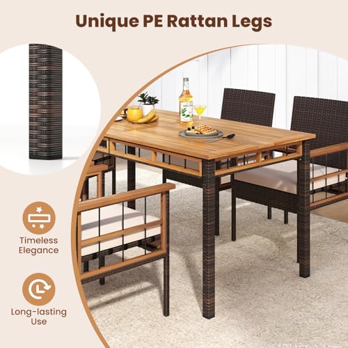 Tangkula 6 Pieces Patio Dining Table Set, Outdoor Rectangular Acacia Wood Table with 1.97” Umbrella Hole & Cushioned Backless Bench & 4 Armchairs, for Garden, Deck, Yard
