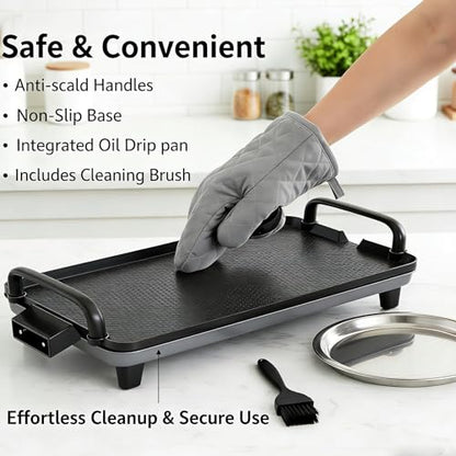 Rectangular Electric Griddle, 1400W, Non-Stick Cooking Surface, 5 Adjustable Temperatures, Dishwasher Safe, Smokeless Indoor Grill, Black
