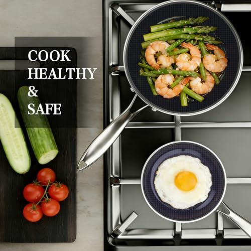 BRASA Nonstick Frying Pan 9.45-inch,Tri-Ply Stainless Steel Skillet,Honeycomb Ceramic Coating, Induction & All Cooktop Compatible,Dishwasher safe (PFOS, PFOA Free)(9.45 in+5.9 in trivet)
