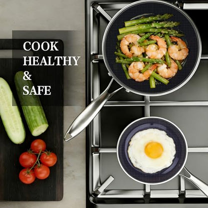 BRASA Nonstick Frying Pan 9.45-inch,Tri-Ply Stainless Steel Skillet,Honeycomb Ceramic Coating, Induction & All Cooktop Compatible,Dishwasher safe (PFOS, PFOA Free)(9.45 in+5.9 in trivet)