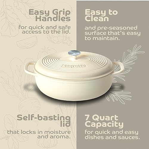 Segretto Cookware Enameled Cast Iron Oval Dutch Oven, 7 Quarts White