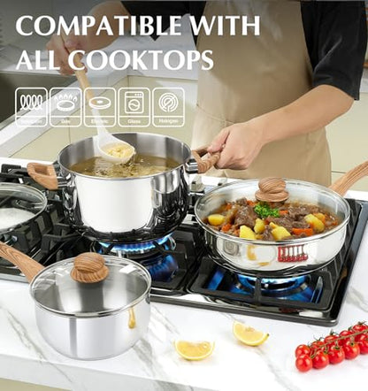 KOCH SYSTEME CS Stainless Steel Pots and Pans Set, Professional 18/10 Cookware Set Pots and Pans Set 12PCS with Cool-Touch Bakelite Handles, Tri-ply Base Kitchen Cookware Sets, Induction Compatible