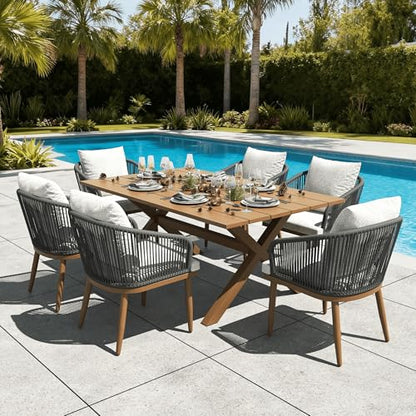 LayinSun 7 Pieces Outdoor Patio Dining Set, Aluminium Rectangular Dining Table and Wicker Rattan Chairs Set for Outside Backyard, Poolside