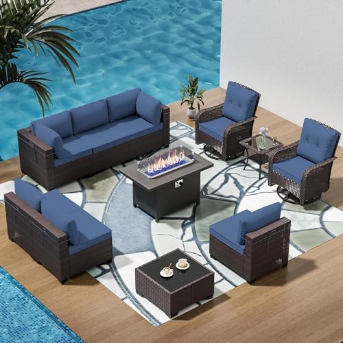 RTDTD 11 Pieces Outdoor Patio Furniture Set,Outdoor Sectional Furniture with 45" 55000 BTU Gas Propane Fire Pit Table,PE Rattan Wicker Patio Conversation Set,Swivel Rocking Chairs Set,Navy Blue