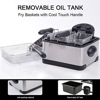Secura 4 Liters / 17-Cup Stainless-Steel 1700-Watt Electric Deep Fryer with Timer Free Extra Odor Filter, Triple Basket, 4.5 Quarts, Silver