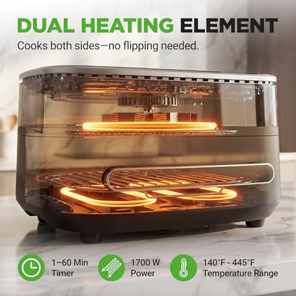 NutriChef 6 Quart Extra Large Air Fryer with 11-in-1 Cooking Presets | Extra-Large Basket Fits Up to 12” Pizza | Adjustable Temperature 450F & Timer Range | Dual Heat Source Technology | Grey