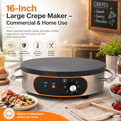 Treliamd Commercial Crepe Maker, Pancake Maker Machine, 16" Non-Stick 1500W Electric Crepe Machine Constant Temperature, Thickened Cast Iron Cooking Surface Pancakes Maker Griddle with Handle