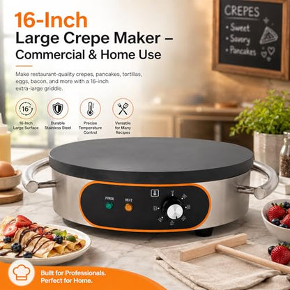 Treliamd Commercial Crepe Maker, Pancake Maker Machine, 16" Non-Stick 1500W Electric Crepe Machine Constant Temperature, Thickened Cast Iron Cooking Surface Pancakes Maker Griddle with Handle