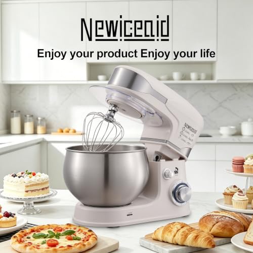 Newiceaid 6-Speed 5.3QT+3.2QT Two-Bowl Stand Mixer, Creamy White