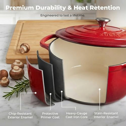 Zulay Kitchen 6.4QT Enameled Cast Iron Dutch Oven Pot with Lid, Heavy-Duty Soup Pot for Stews, Braising, Roasting & Sourdough Bread Baking, Oven Safe up to 500°F - Ablaze Red