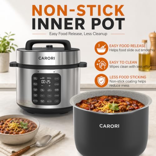 CARORI 8Qt Electric Pressure Cooker, 9-in-1 Multifunction, IMD Touchscreen, Non-Stick Pot. 1200W for Instant Feast. Olla de Presion (Ollas). Safe Venting.Rice,Slow,Steamer, Sauté, Warmer, Silver