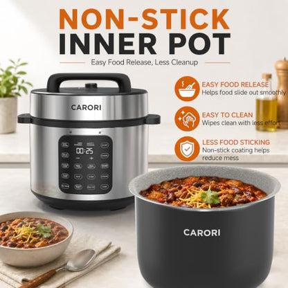 CARORI 8Qt Electric Pressure Cooker, 9-in-1 Multifunction, IMD Touchscreen, Non-Stick Pot. 1200W for Instant Feast. Olla de Presion (Ollas). Safe Venting.Rice,Slow,Steamer, Sauté, Warmer, Silver