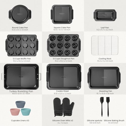 Kikcoin 25 PCS Stackable Baking Pans Set, Non-stick Bakeware Sets with Silicone Handles, 450°F Oven Safe Cookie Sheets for Baking, Easy Release Heavy-duty Baking Sheets Non Stick, Black