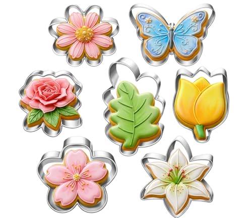 LUBTOSMN Flower and Leaf Cookie Cutter Set-7 Piece-Daisy, Lily, Rose, Tulip, Oak Leaf and Butterfly Fondant Biscui Cutters