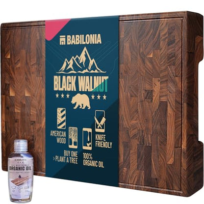 American Black Walnut Cutting Board - 19.7" x 12.2" (ExtraThick 1.7") Hardwood Butcher Block, Charcuterie, Heavy Duty End Grain Wood Chopping Board with Juice Groove & Handles (Oil & Plate Included)